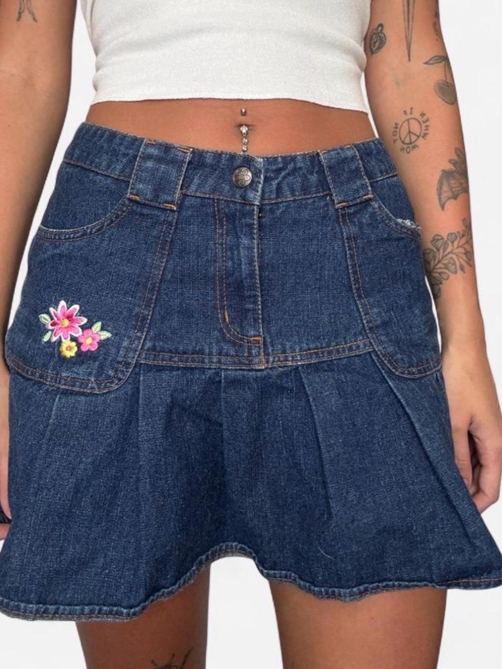 Y2K Denim Floral Embroidered Mini Skort - Dark Blue